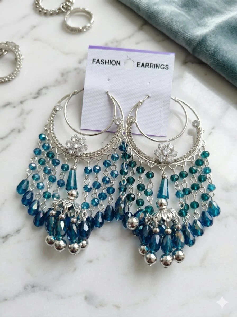 Blue Beaded Hoop Earrings – Stylish Crystal Drop Earrings for Women