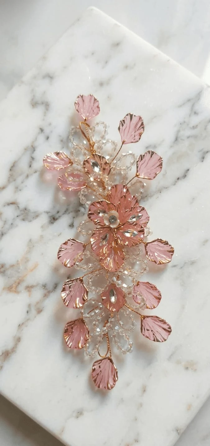 Pink Floral Hair Accessory with Crystal Beads – Elegant Flower Hair Clip for Women