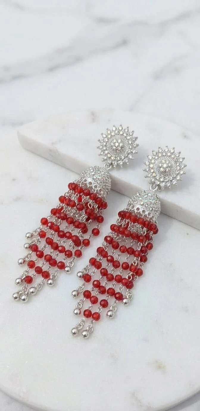 Red Beaded Long Jhumka Earrings – Stylish Silver Tone Chandbali Earrings for Women