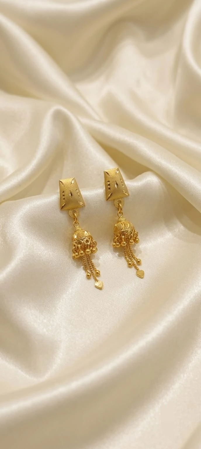 Gold Plated Jhumka Earrings with Chain Drops – Traditional Designer Earrings for Women