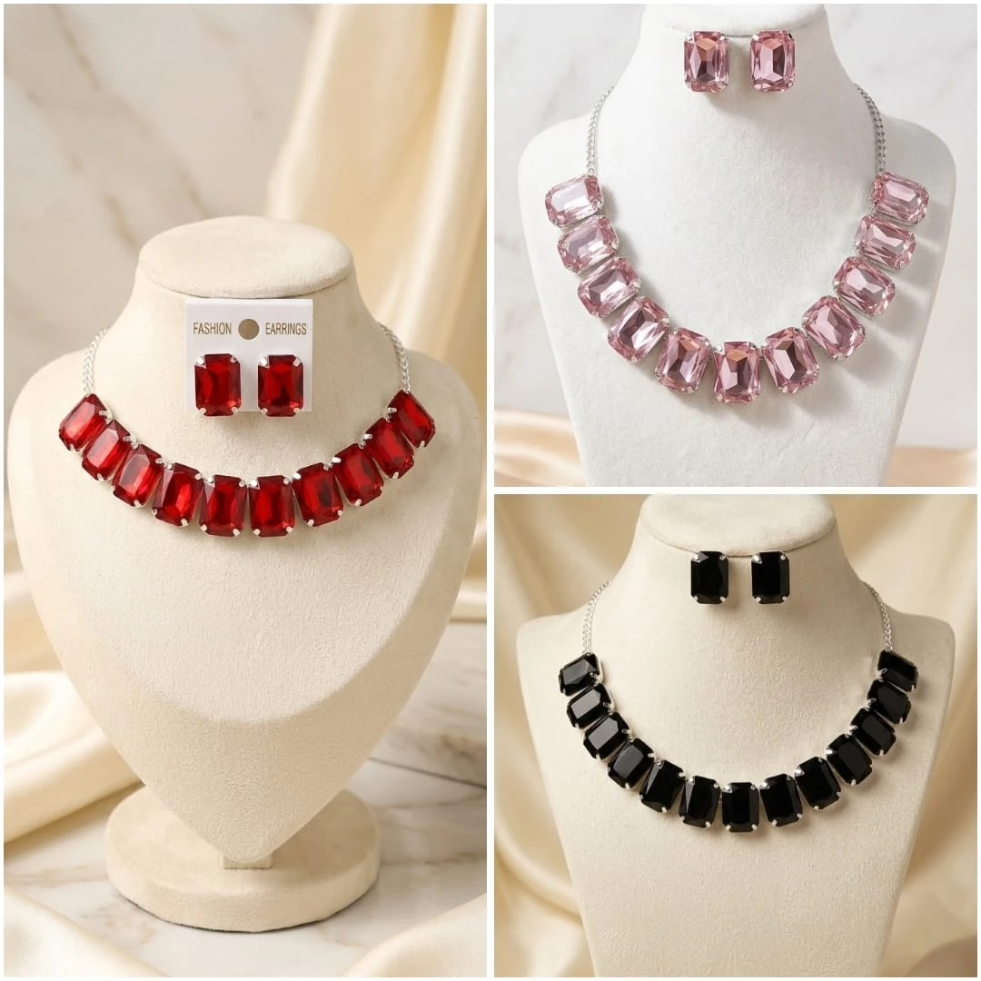Multi Color Crystal Necklace Set with Earrings – Stylish Statement Jewellery Set for Women