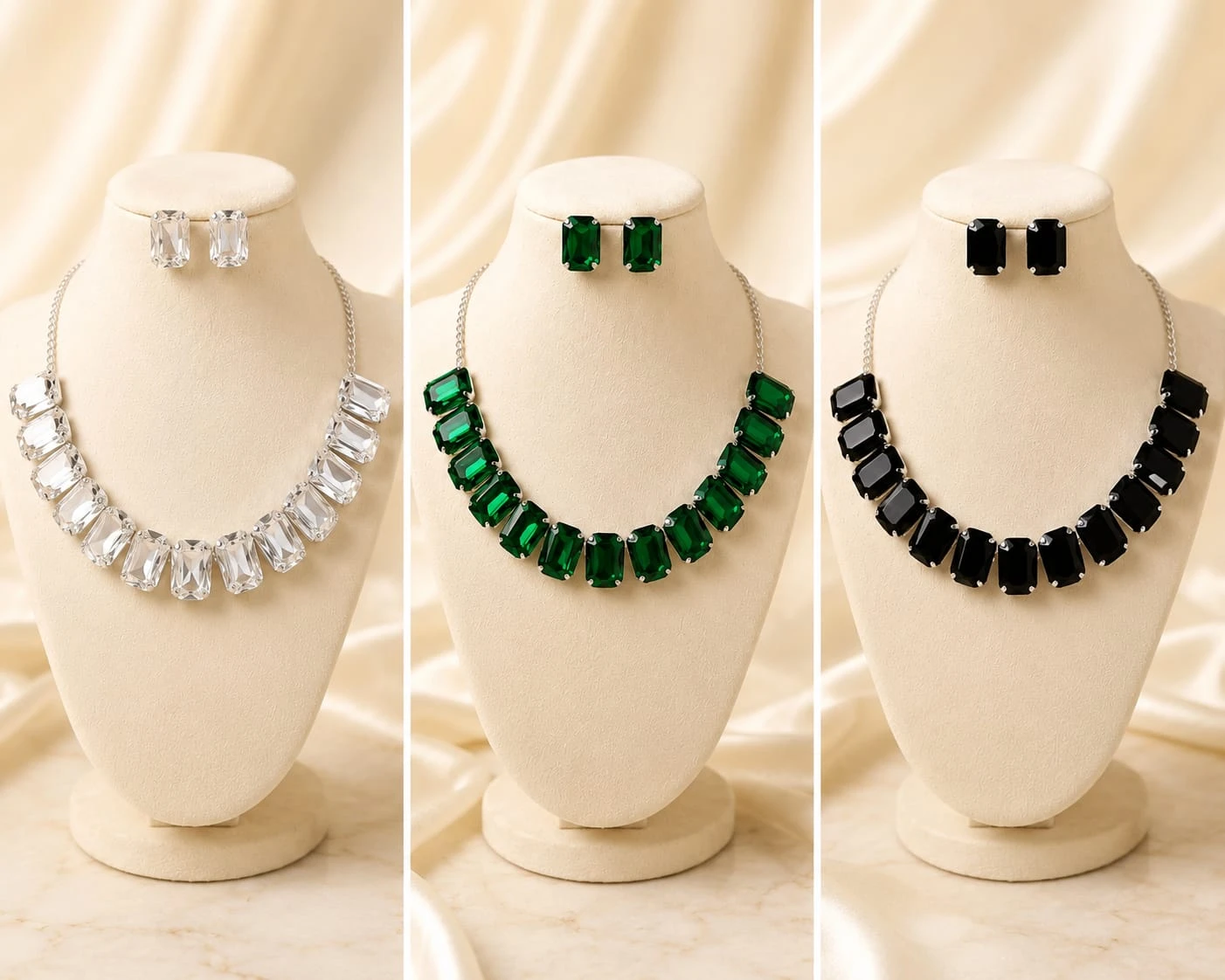 Crystal Rectangle Stone Necklace Set with Earrings – Elegant Statement Jewellery for Women