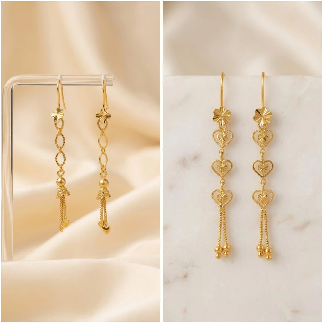 Gold Plated Heart Design Long Earrings – Elegant Hanging Earrings for Women