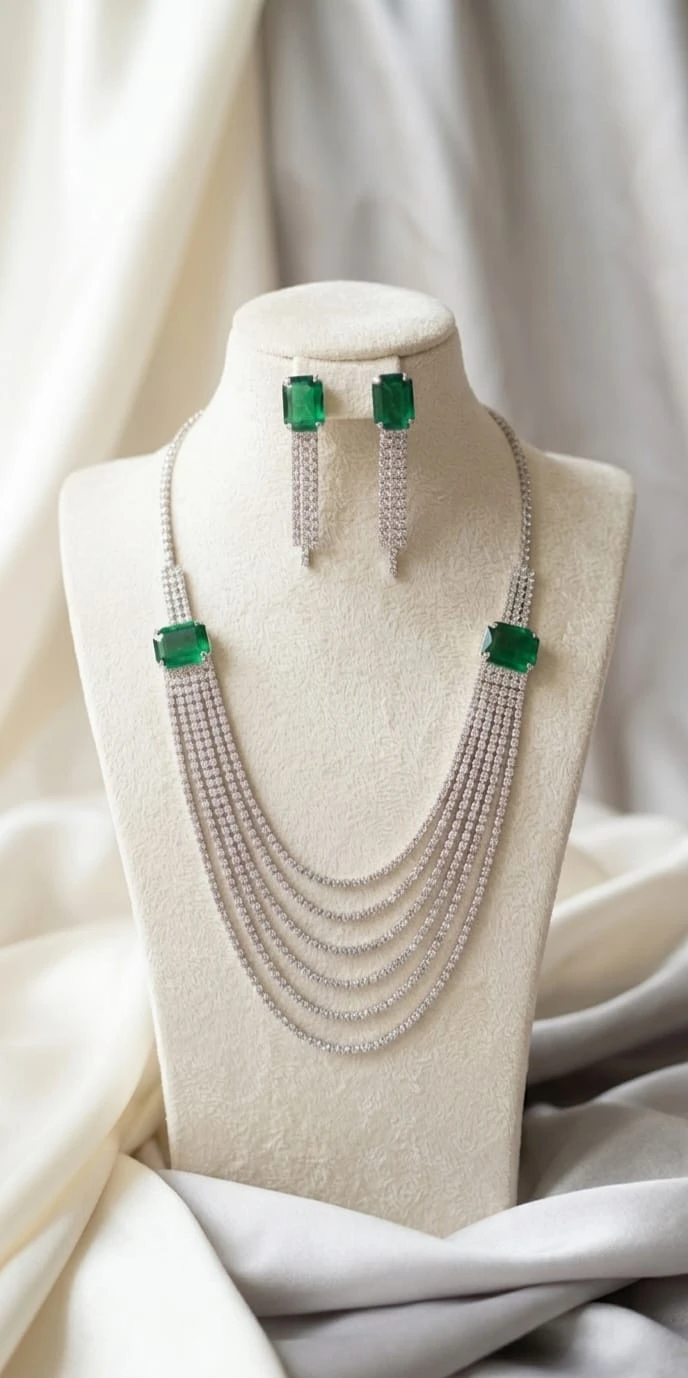 Green Emerald Crystal Necklace Set with Earrings – Elegant Layered Statement Jewellery for Women
