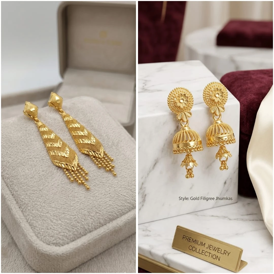 Gold Plated Designer Earrings Combo Set – Long Drop & Filigree Jhumka Earrings for Women