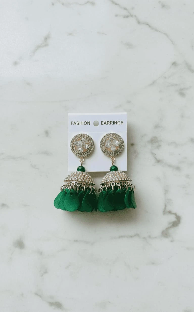 Green Floral Jhumka Earrings with Crystal Stud – Elegant Traditional Earrings for Women