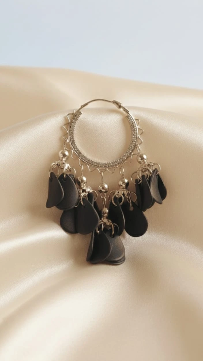 Black Floral Hoop Earrings with Hanging Petals – Stylish Statement Earrings for Women