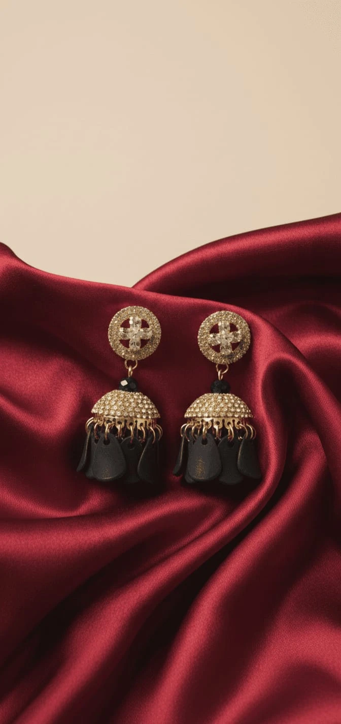 Black Stone Jhumka Earrings with Crystal Dome Design – Elegant Party Wear Earrings for Women