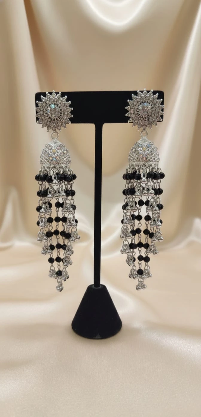 Black Beaded Long Jhumka Earrings with Crystal Detailing – Elegant Statement Earrings for Women
