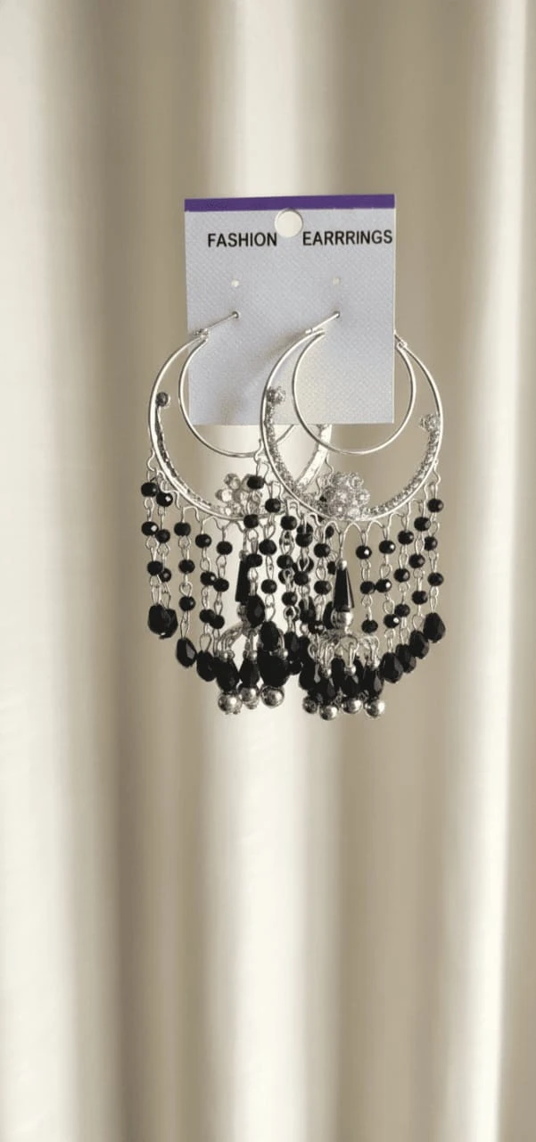 Black Beaded Hoop Earrings with Crystal Tassel Design – Stylish Statement Earrings for Women