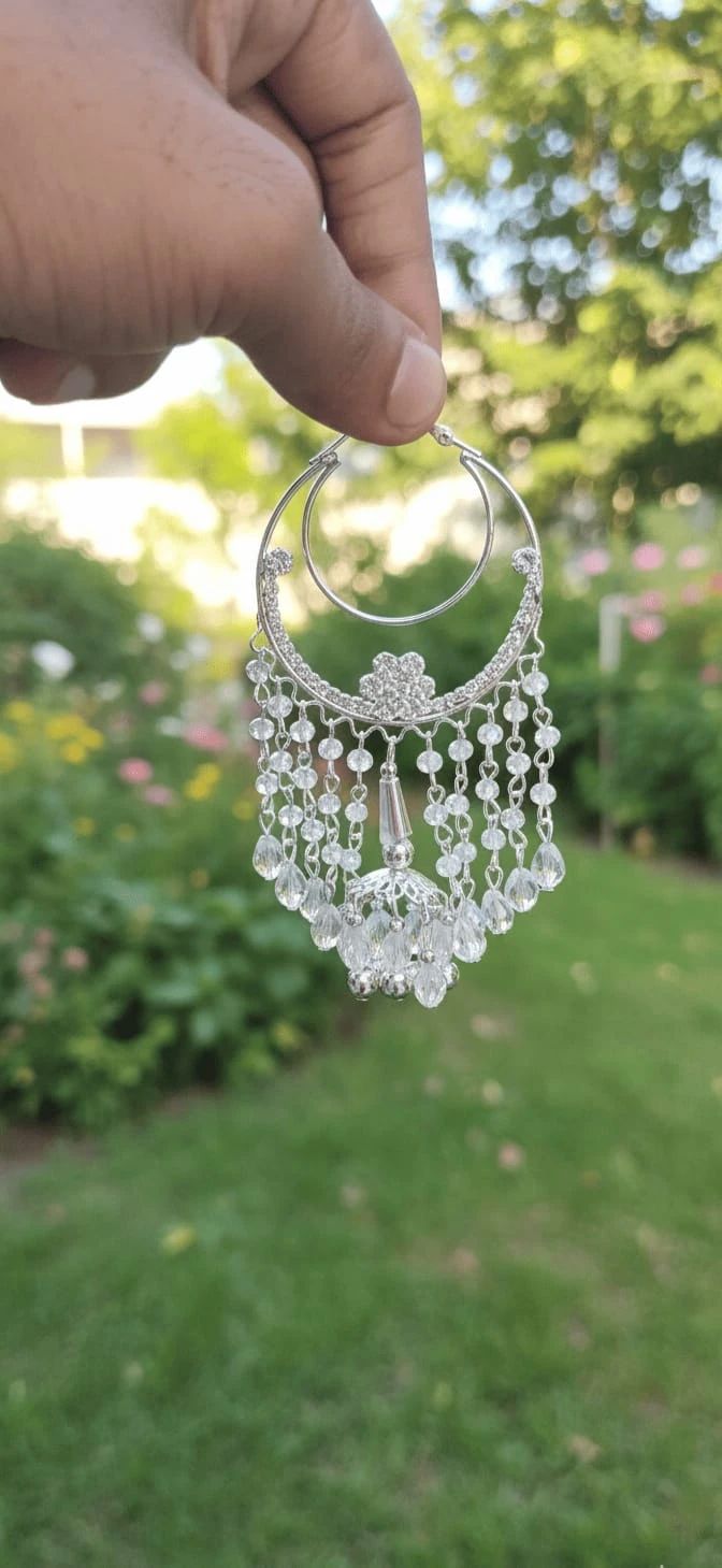 Silver Crystal Hoop Earrings with Beaded Tassel Design – Elegant Statement Earrings for Women