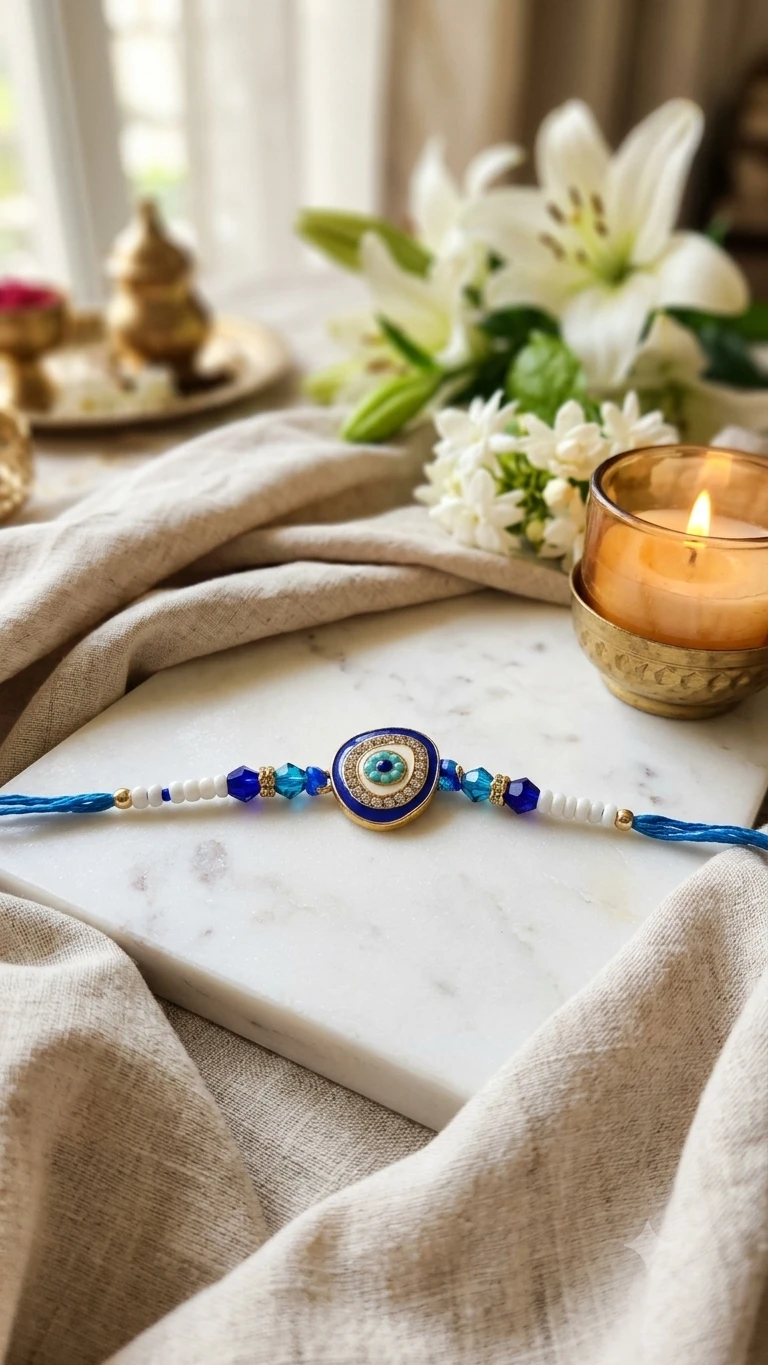 Evil Eye Rakhi for Brother | Blue Nazar Designer Rakhi with Pearl & Beads Work for Raksha Bandhan