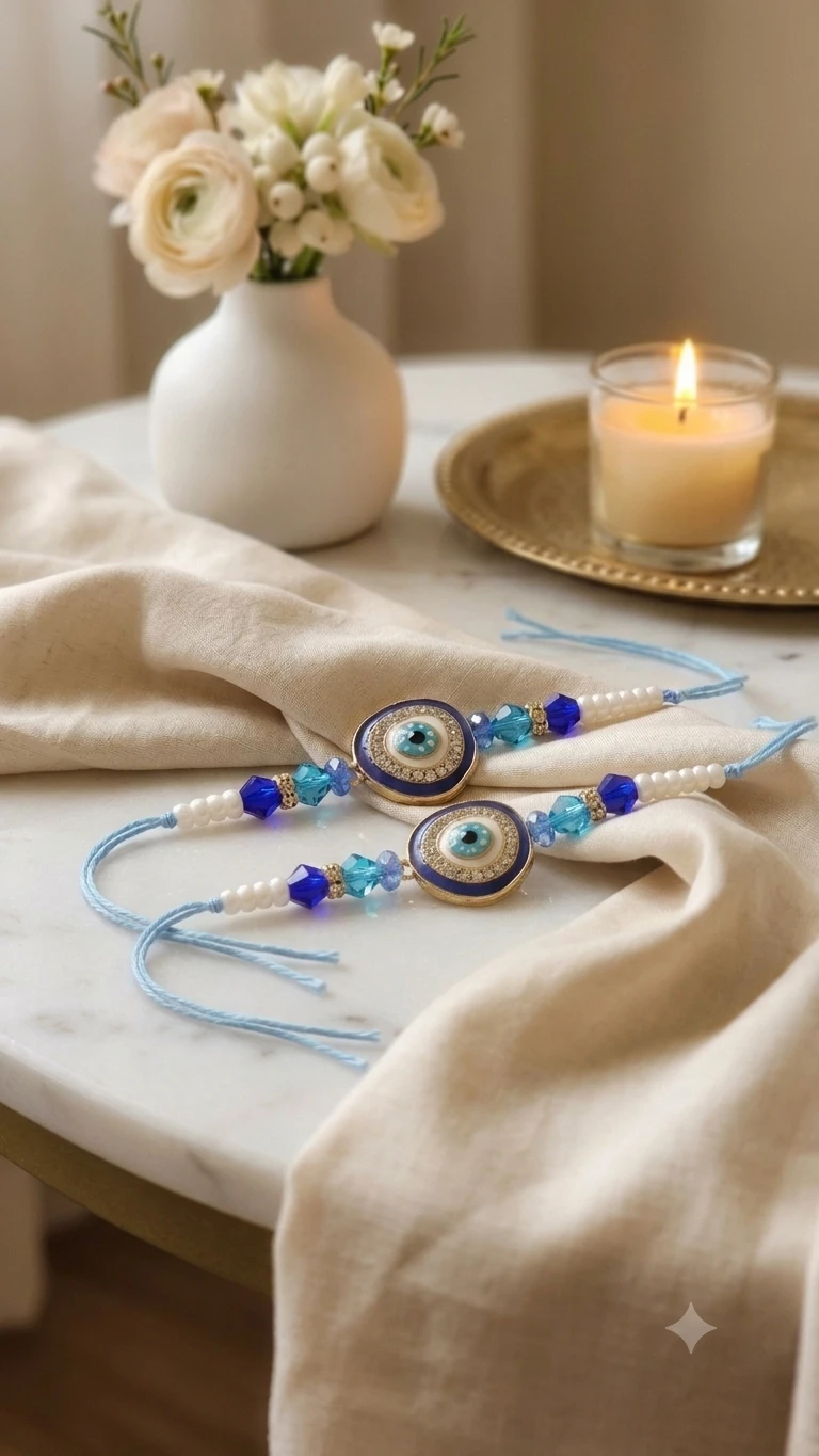 Rakhi for Brother Combo Set | Evil Eye Nazar Designer Rakhi with Pearl & Blue Beads Work (Pack of 2)