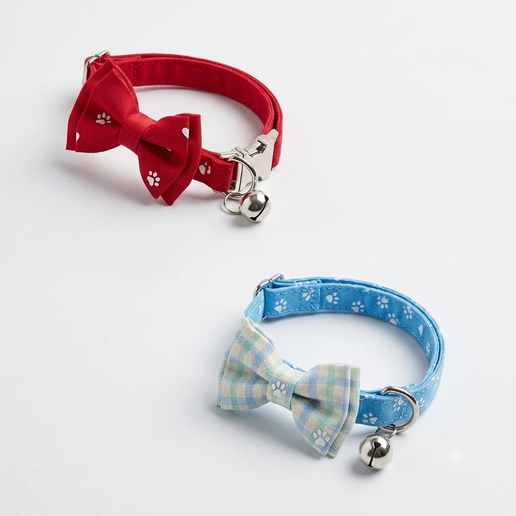 CottonCat Red and Blue Bow Cat Collar with Bell | Adjustable Soft Kitten Collar with Safety Buckle