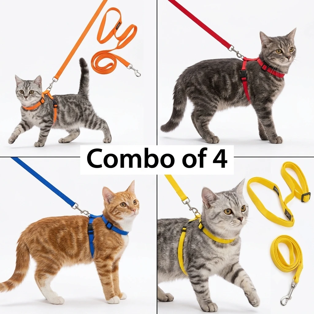Orange, Red, Blue and Yellow Cat Harness Combo – Pack of 4 | Adjustable, Soft & Secure for Cats, Kittens, Rabbits, and Small Puppies