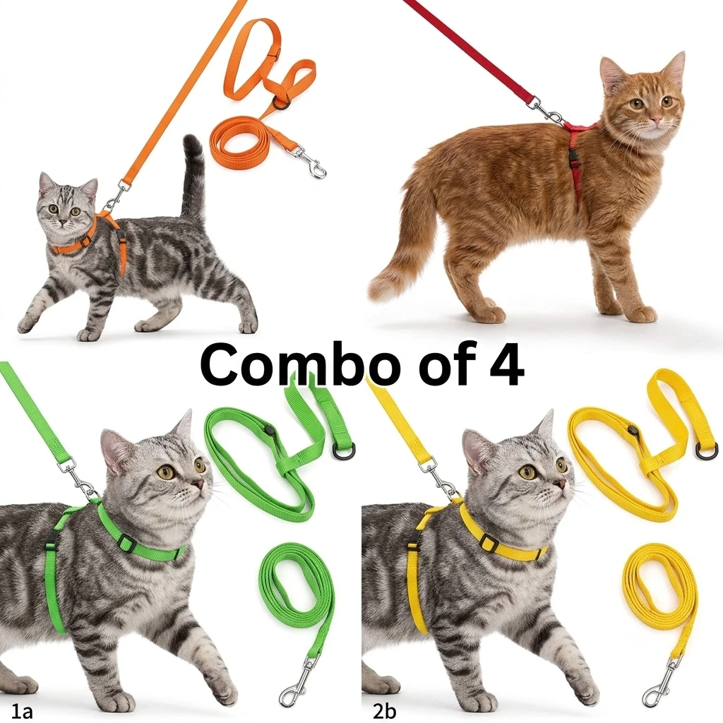 Orange, Black, Green and Yellow Cat Harness Combo – Pack of 4 | Adjustable, Soft & Secure for Cats, Kittens, Rabbits, and Small Puppies