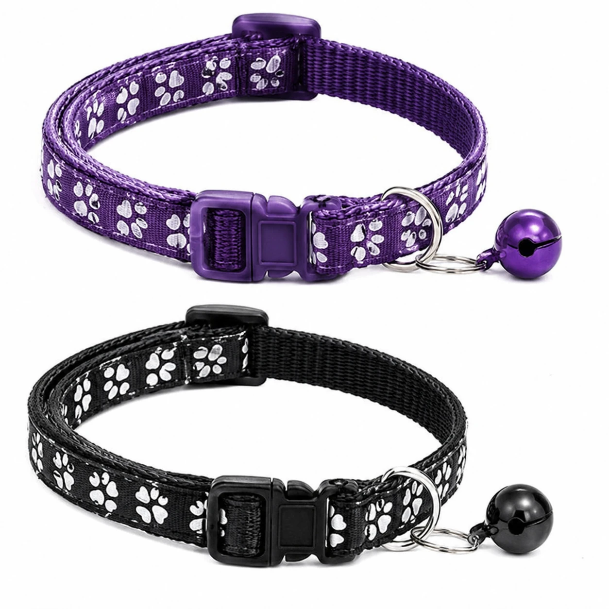 Set of 2 Stylish Paw Print Pet Collars – Adjustable, Lightweight & Comfortable with Safety Breakaway Buckle and Bell for Kittens, Cats & Small Dogs