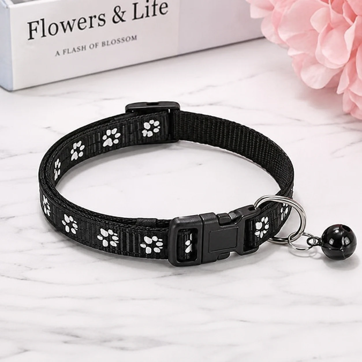 Black Adjustable Cat Collar with Bell | Classic Heart Print | Durable & Safe Collar for Cats & Small Pets