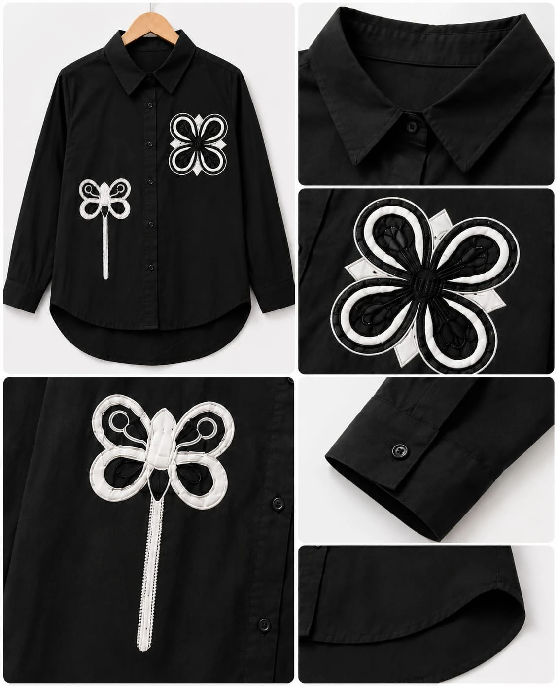 Women’s Black Full Sleeve Shirt with Stylish White Floral Print