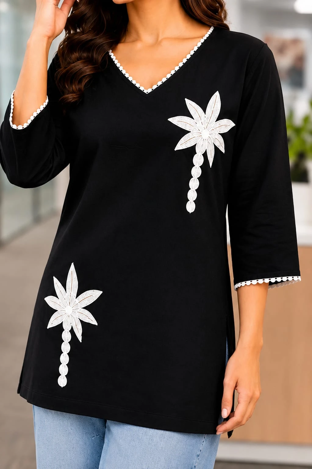 Women’s Black Embroidered Floral V-Neck 3/4 Sleeve Top