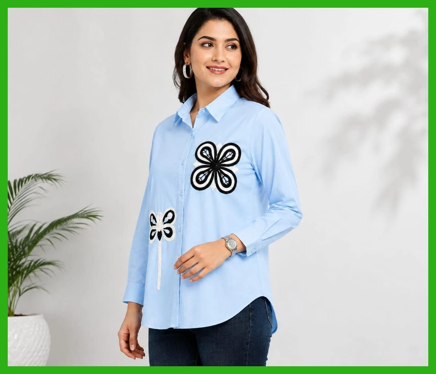 Women’s Light Pink Full Sleeve Floral Embroidered Button-Down Shirt