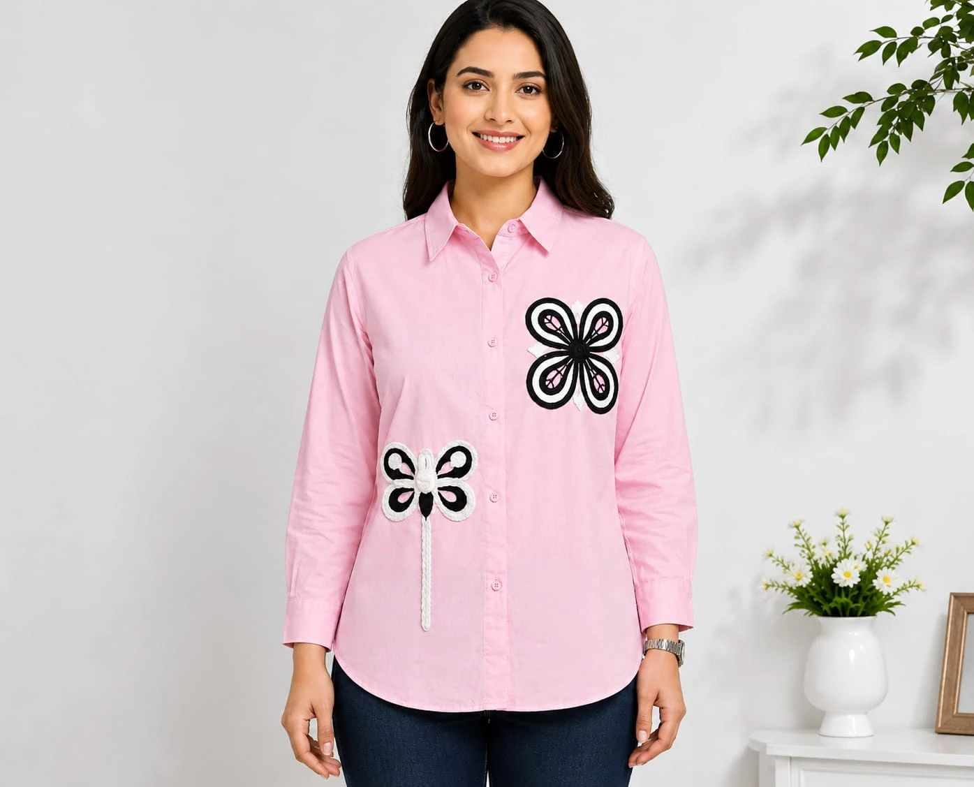 Women’s Light Pink Full Sleeve Floral Applique Button-Down Shirt