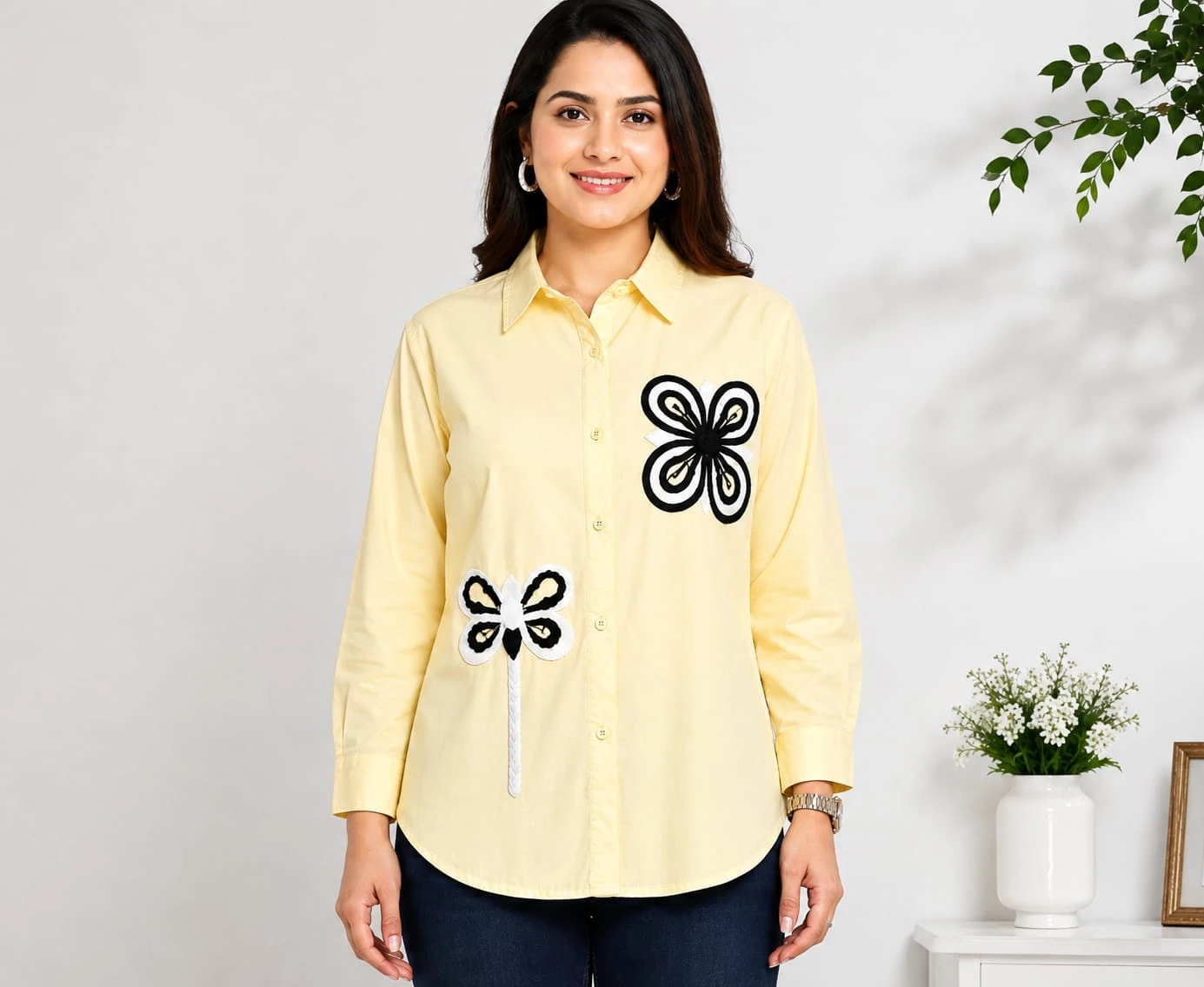 Women’s Cream Full Sleeve Floral Applique Button-Down Shirt