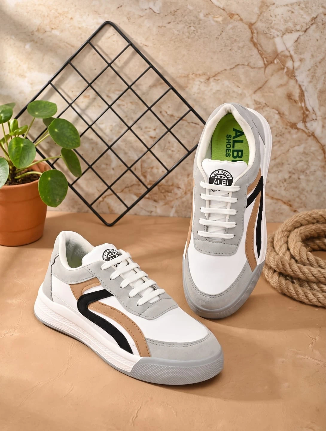 Men’s White, Grey & Tan Casual Sneakers with Black Accent – Stylish Lace-Up Shoes