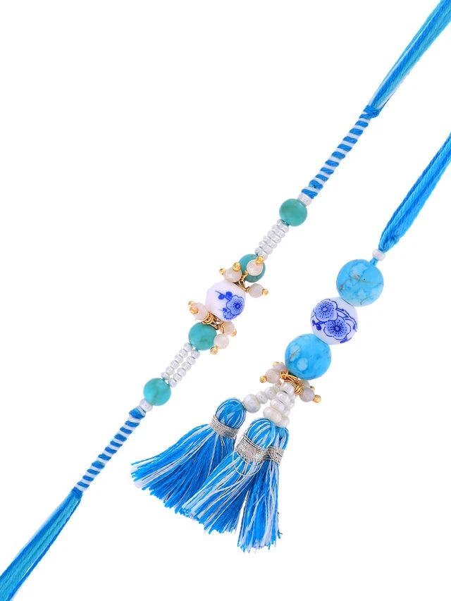 Traditional Rakhi Pair with Blue Porcelain Beads and Tassels – Rakhi is included with Roli Chawal & Greetings Card