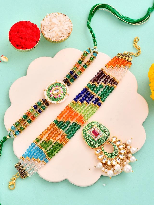 Exquisite Multicolor Beaded & Kundan Rakhi Set – Rakhi is included with Roli Chawal & Greetings Card