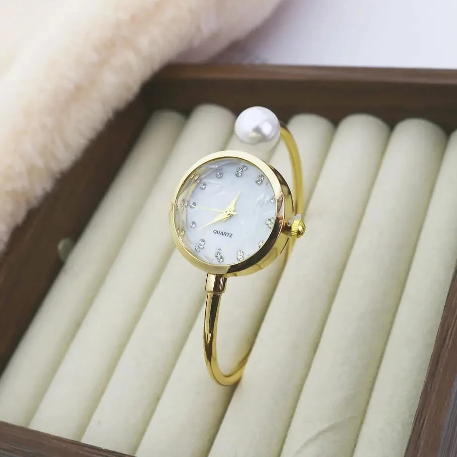 Women’s Gold-Tone Pearl Bangle Watch with Crystal Dial – Elegant Stylish Bracelet Watch
