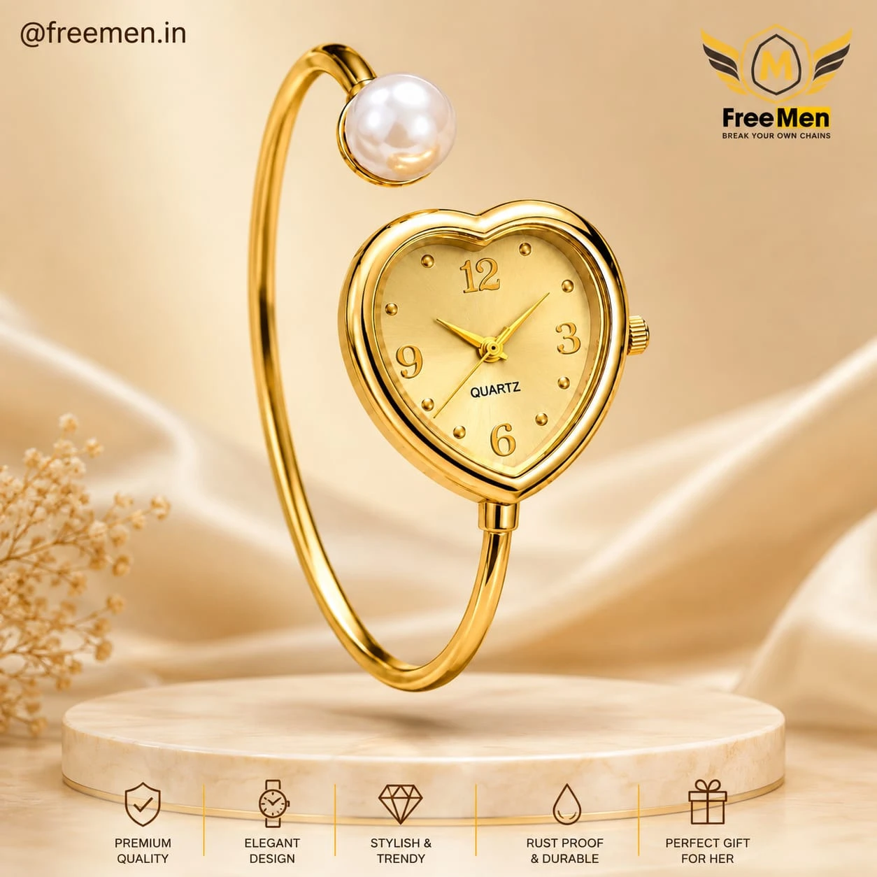 Women’s Gold-Tone Heart Shape Bangle Watch with Pearl Accent – Elegant Fashion Bracelet Watch