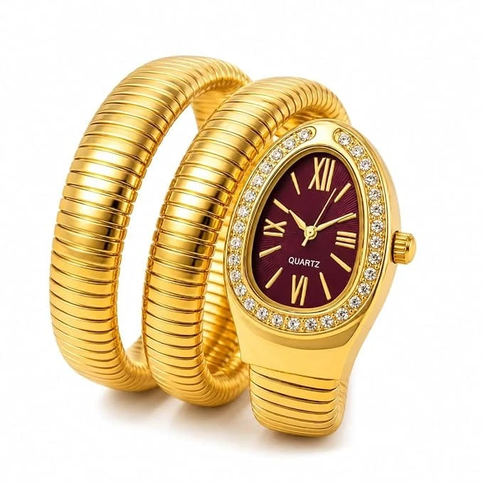 Women’s Gold-Tone Double Bangle Quartz Watch with Burgundy Dial – Stylish Bracelet Watch