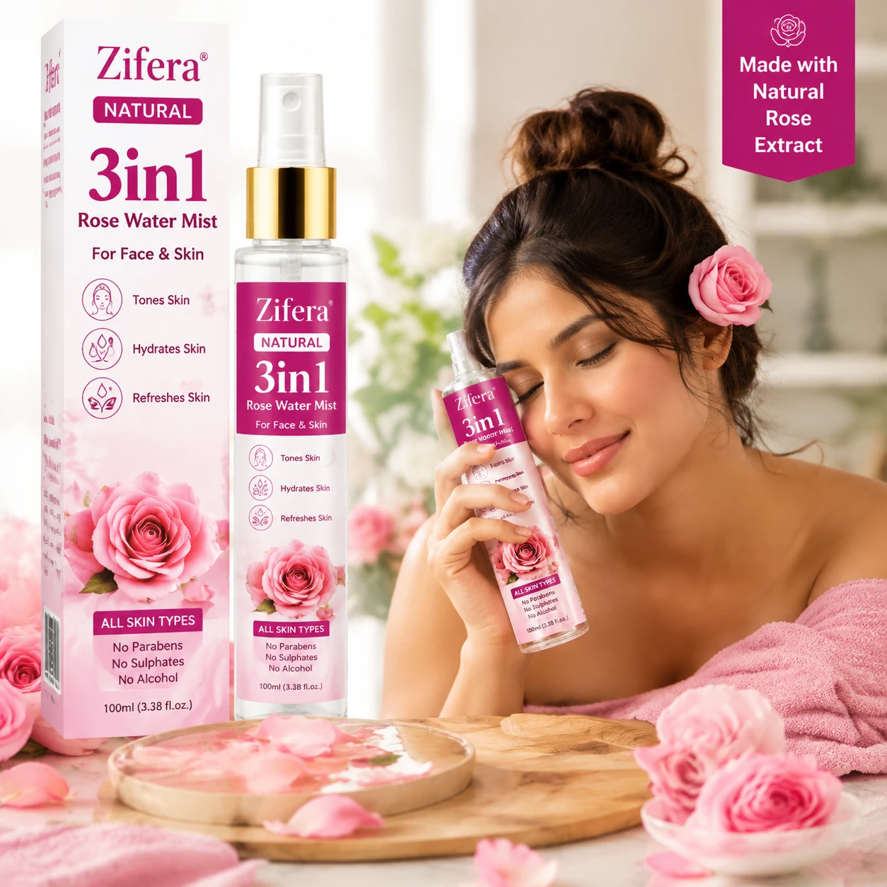 ZIFERA Natural Rose Water Mist for Face & Skin