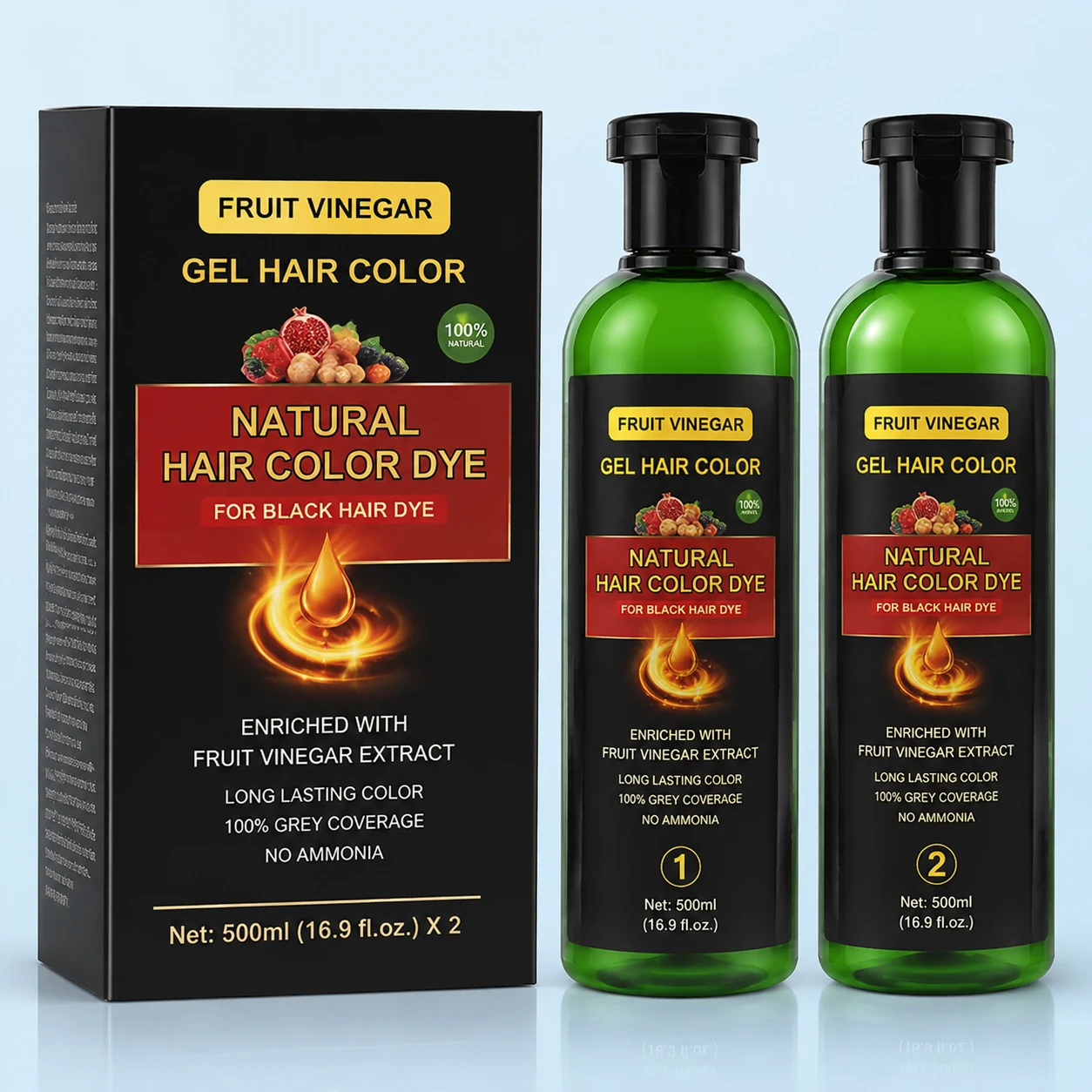 Fruit Vinegar Gel Hair Color Natural Hair Color Dye for Black Hair Dye(200ml x 2) - Black