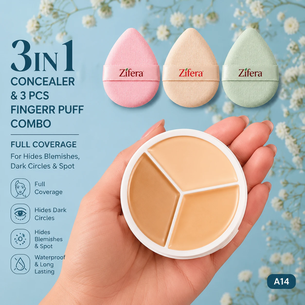 3In1 Concealer & 3 Pcs Finnger Puff combo | Full Coverage for Hides Blemishes, Dark Circles & spot, Waterproof a14