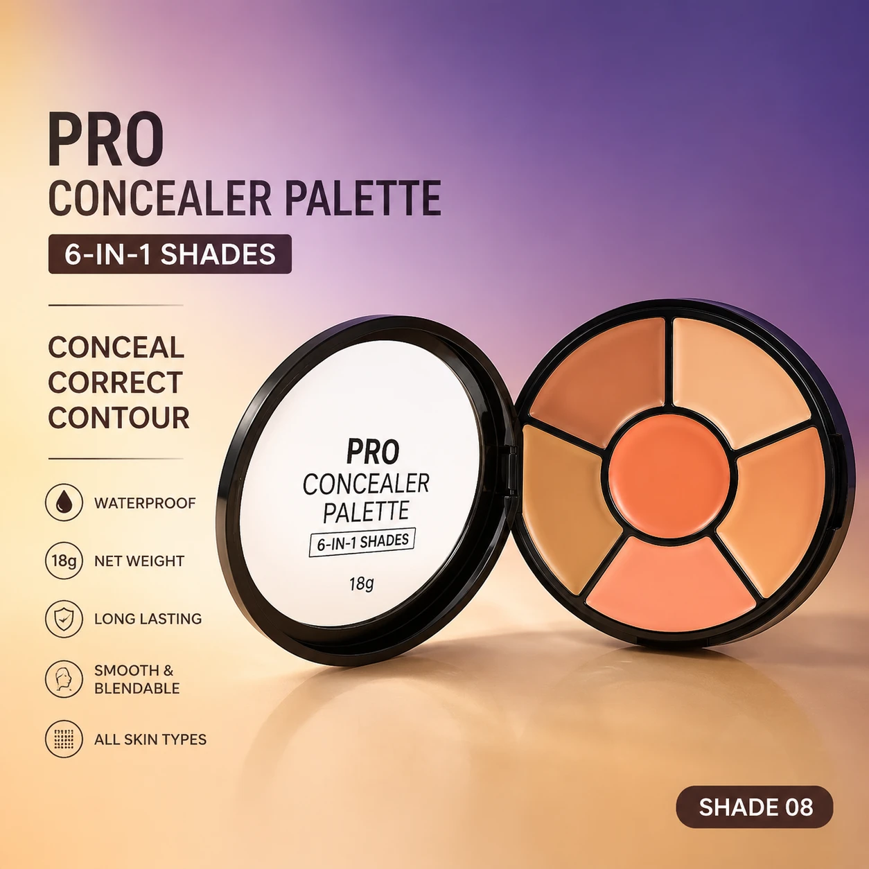 Pro Concealer Palette, 6-in-1 Shades, Conceal Correct Contour, Waterproof, 18g, Shade 08