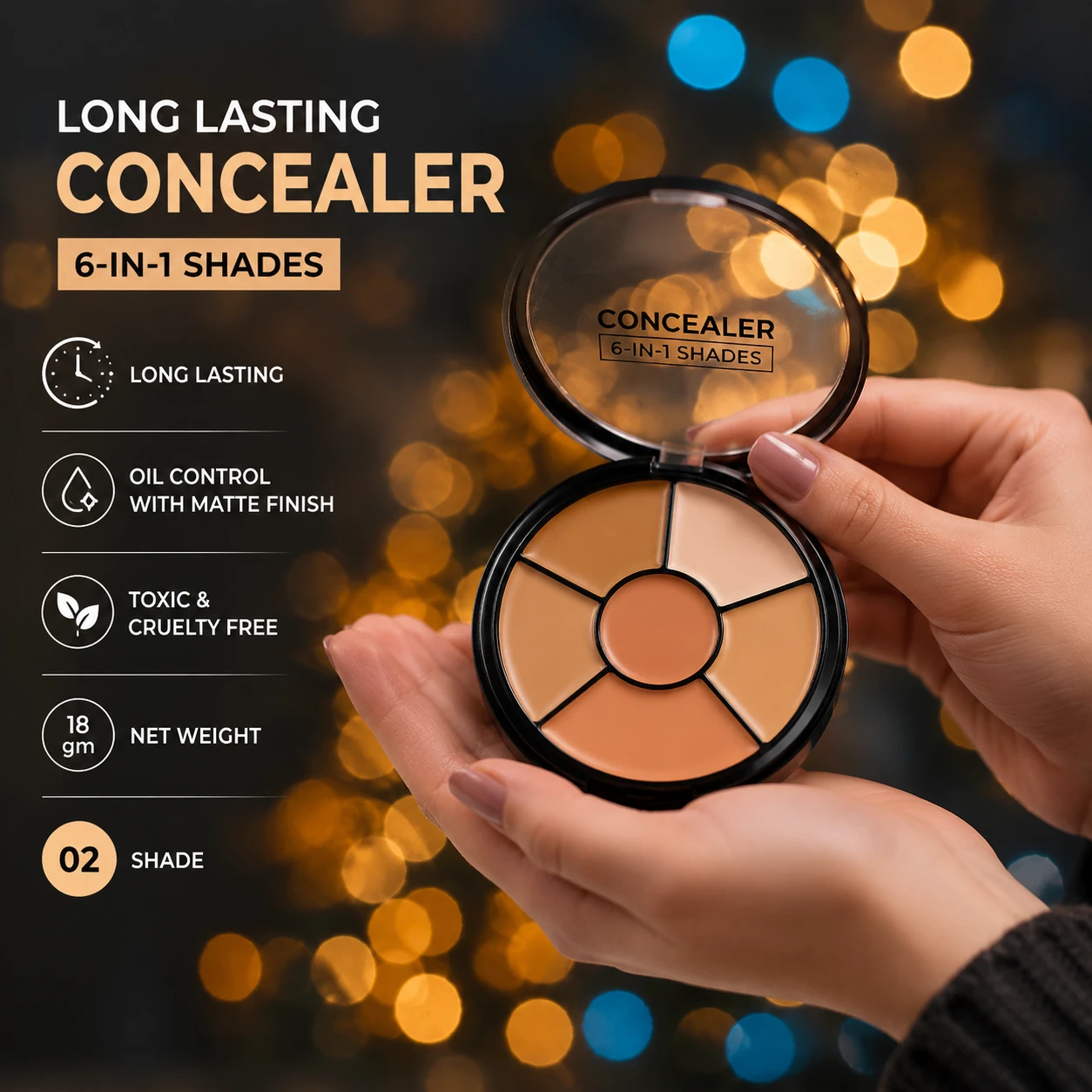 Long Lasting |Oil Control with Matte Finish | Toxic & Cruelty Free | Concealer 6-IN-1 Shades (02, 18 gm)