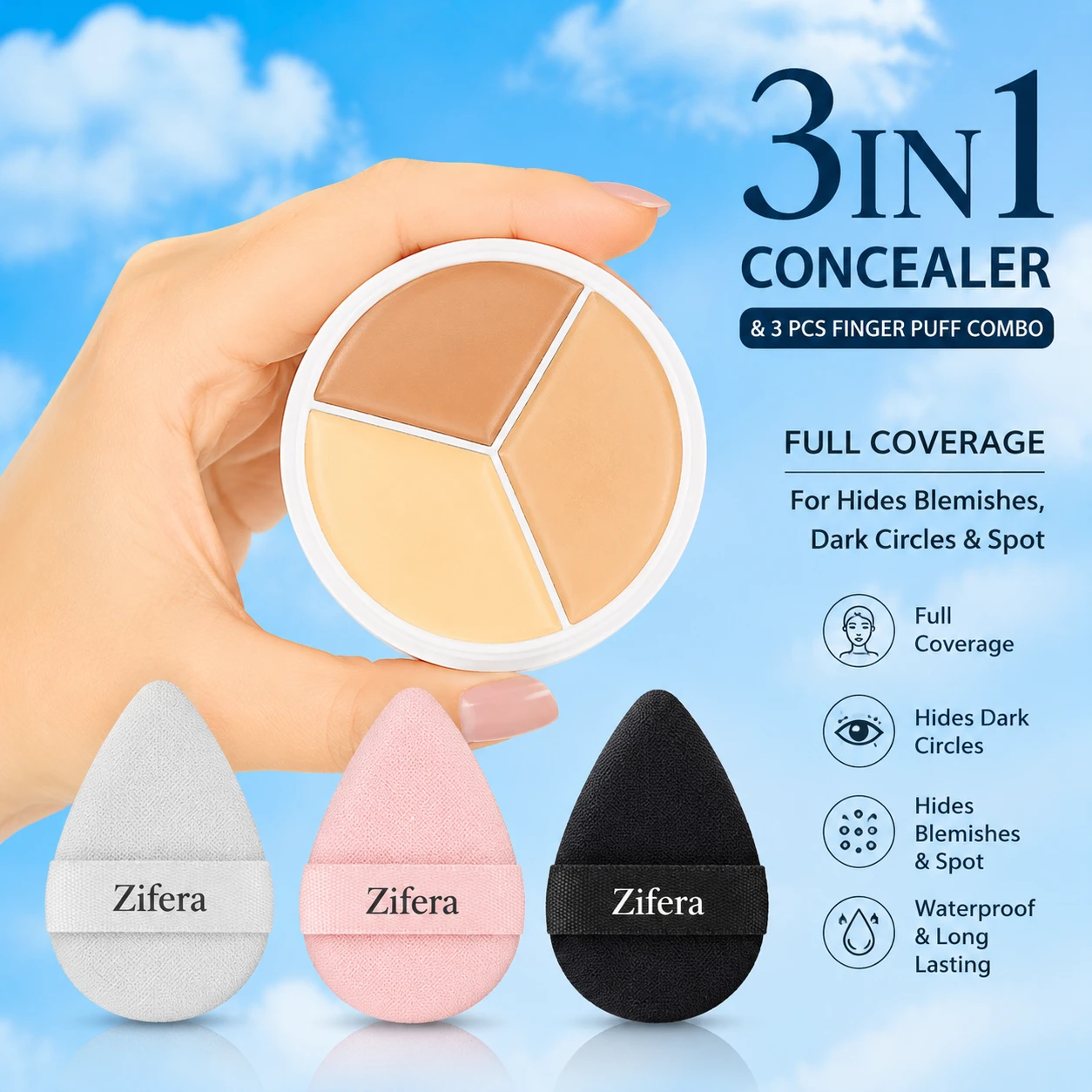 3In1 Concealer & 3 Pcs Finnger Puff combo | Full Coverage for Hides Blemishes, Dark Circles & spot, Waterproof a6
