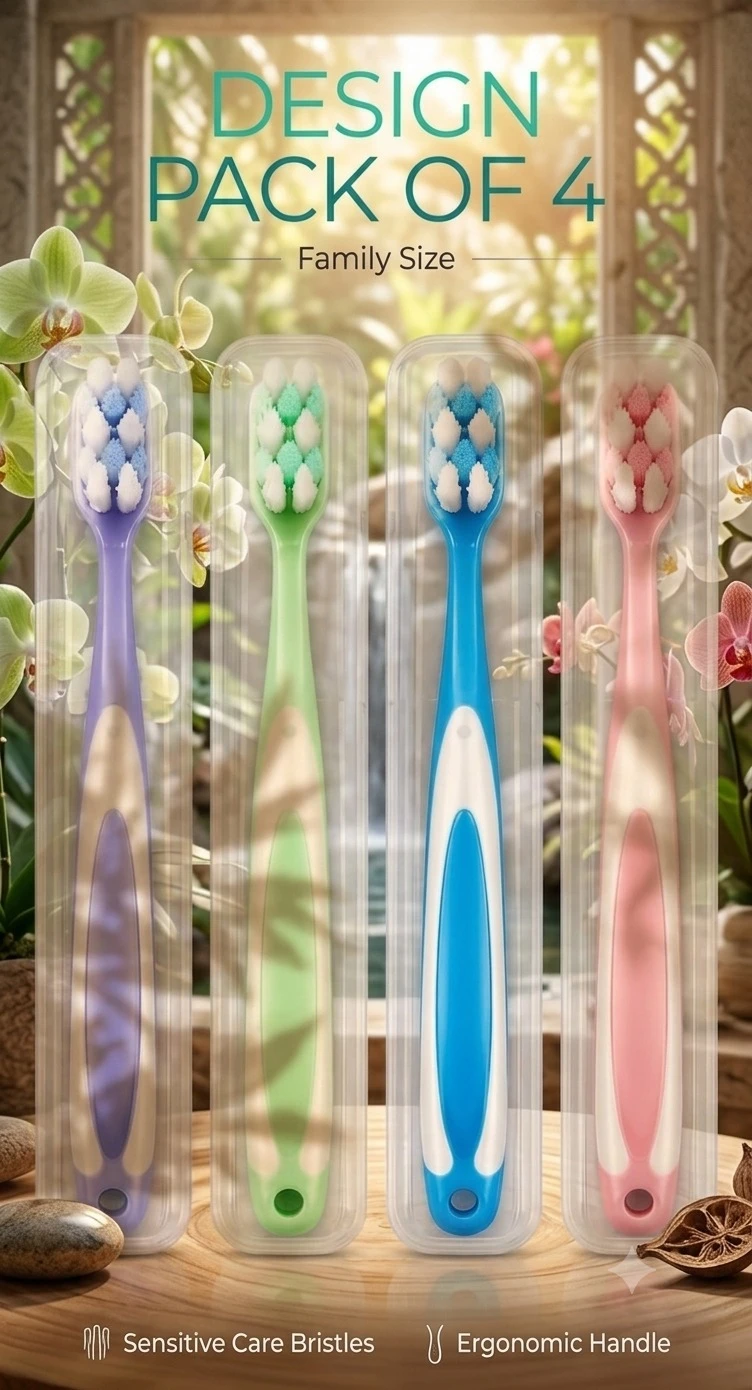 Premium Soft Bristle Toothbrush Pack of 4 | Sensitive Care Toothbrush with Ergonomic Handle for Adults & Family