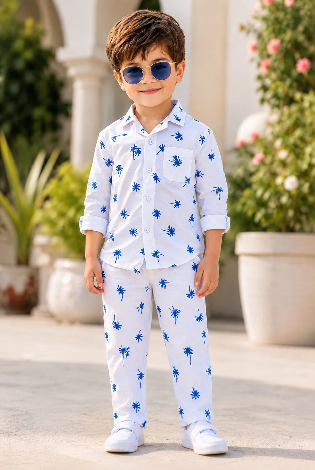 Kids Boys Printed Cotton Shirt pajama Set | Stylish White Blue tree Print Shirt Pajama Set for Boys | Casual Party Wear Outfit for Kids| boys casual dress set| boys stylish dress set|boys summer dress set|boys white shirt pajama set|kids fashion outfit bo