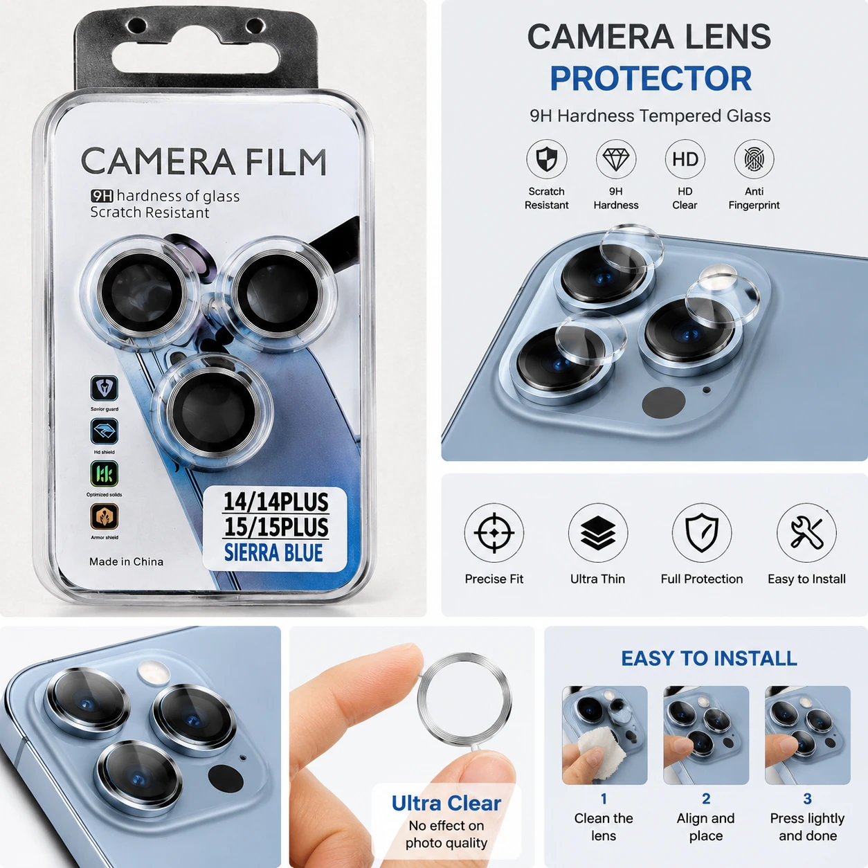 Camera Lens Protector Glass for iPhone 14/14 Plus & 15/15 Plus Sierra Blue 9H Tempered Glass Camera Film