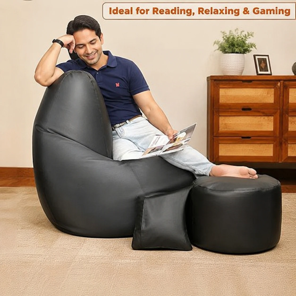 XIEANS Classic 4XL Combo Bean Bag with Footstool & Cushion | Faux Leather Teardrop Bean Bag for Adults &Comfortable Seating for Home & Office – BLACK & GREY