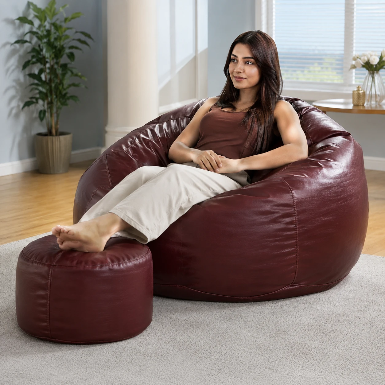 XIEANS Classic 4XL Combo Bean Bag with Footstool & Cushion | Faux Leather Teardrop Bean Bag for Adults &Comfortable Seating for Home & Office – MAROON only cover without beans
