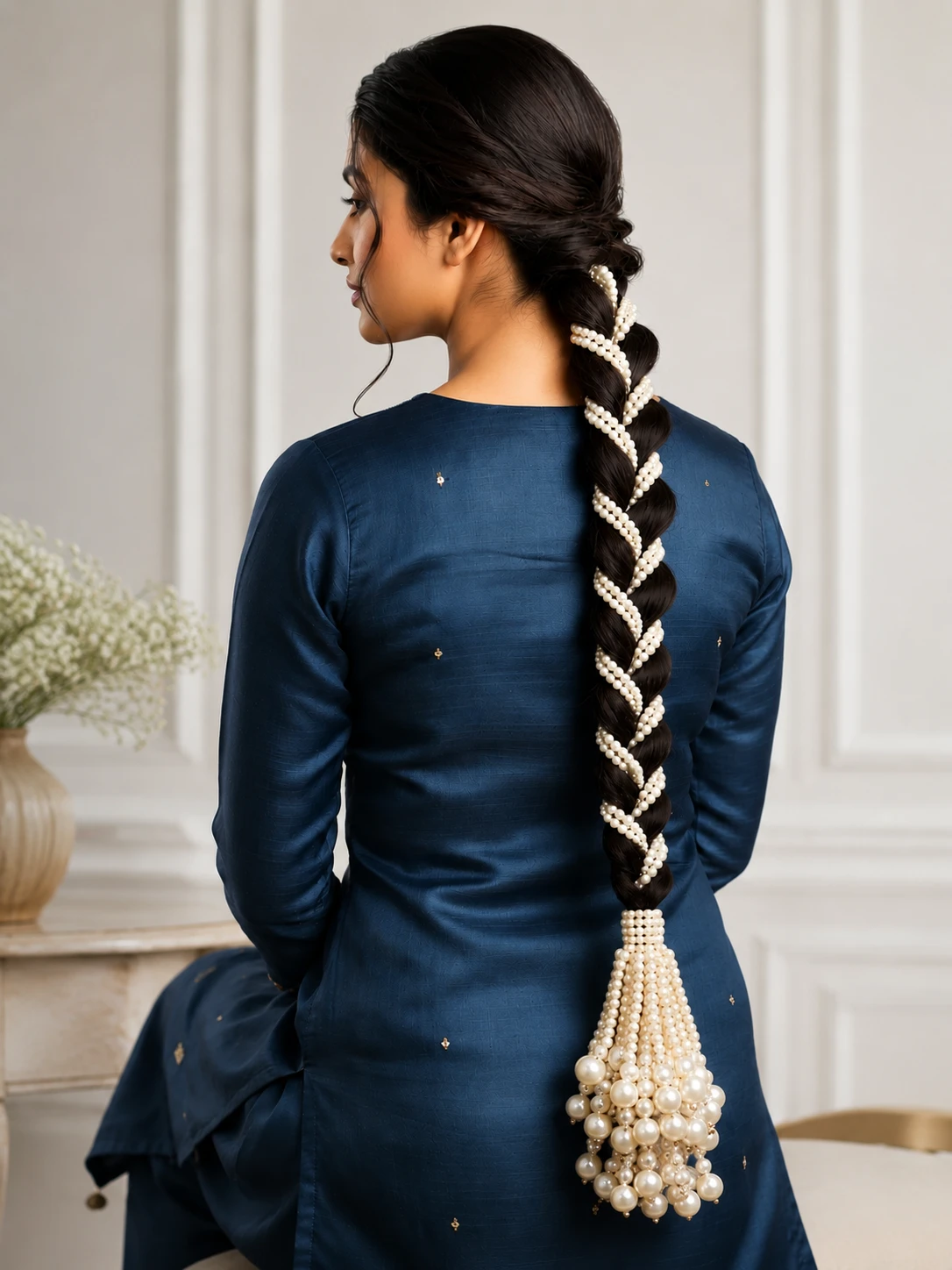 Premium Pearl Paranda Hair Accessory for Women | Traditional Punjabi Braid Tassel with Pearl Beads & Golden Accents | Ethnic Hair Decoration for Wedding, Party & Festive Wear