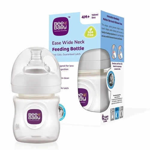 BeeBaby Ease Wide Neck Baby Feeding Bottle with Anti-Colic Soft Silicone Nipple. 100% BPA Free (White, 150 ml)