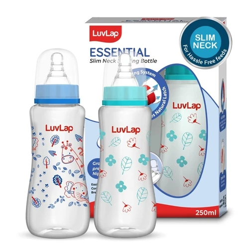 LuvLap Anti-Colic Slim/Regular Neck Essential Baby Plastic Feeding Bottle, 250Ml (Pack of 2), New Born/Infants/Toddler Upto 3 Years, Jungle Tales & Wild Flowers, BPA Free,Blue,Green
