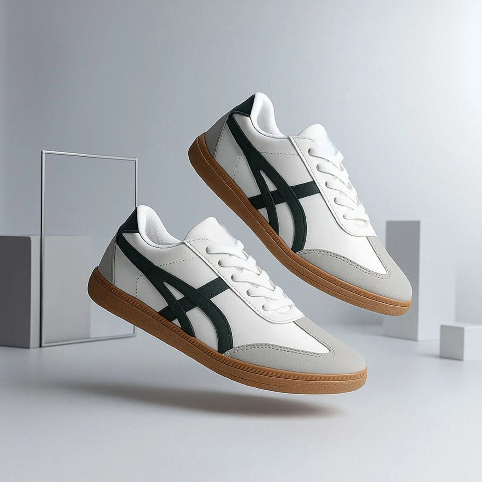 Stylish Casual Sneakers for Men | White & Black Lace-Up Sneakers with Gum Sole | Trendy Everyday Sports Shoes