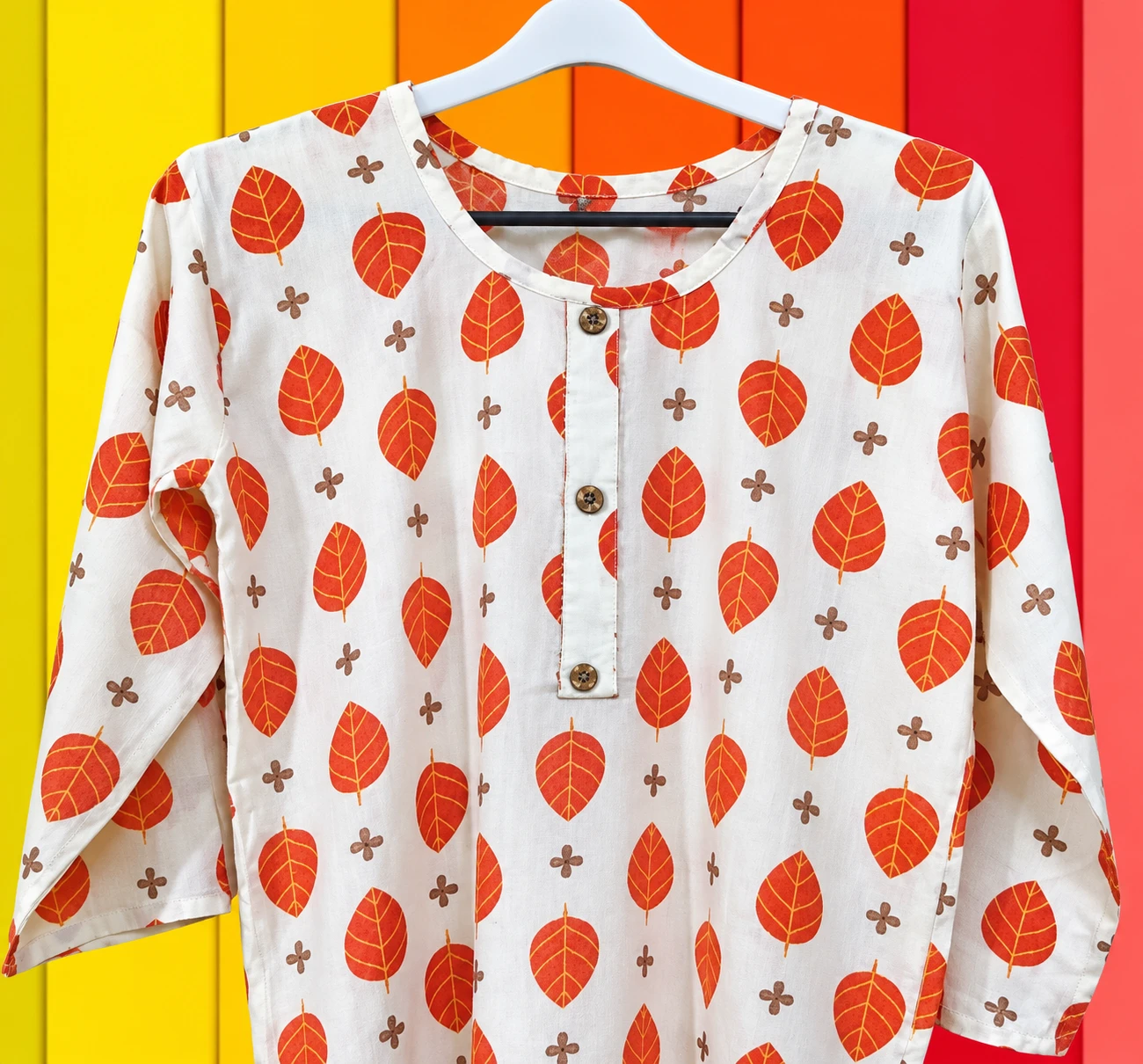 Cream Floral Print Cotton Straight Kurta