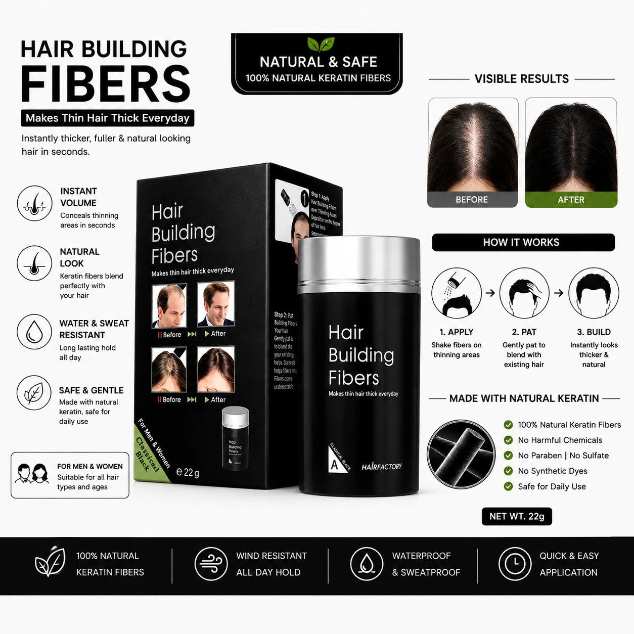Hair Fiber Black, Hair Powder for Men, Thick Fiber, Hair Building Fiber Black, Slick Up Hair Wand, Hair Fibre Powder for Men, Thick Fiber, Hair Building Fibres